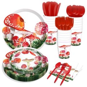 Red Watercolor Mushroom Paper Plates Party Supplie Plates and Napkins Birthday Disposable Tableware Set Party Dinnerware Serves 8 Guests for Plates, N