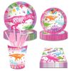 Pink Dinosaur Girl Paper Plates Party Supplie Plates and Napkins Birthday Disposable Tableware Set Party Dinnerware Serves 8 Guests for Plates, Napkin