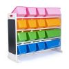 Kids Wood Toy Storage Organizer with Chalkboard and 16 Multi Color Bins