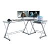 Techni Mobili L-Shaped Tempered Glass Top Computer Desk with Pull Out Keyboard Panel; Clear