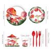 Red Watercolor Mushroom Paper Plates Party Supplie Plates and Napkins Birthday Disposable Tableware Set Party Dinnerware Serves 8 Guests for Plates, N